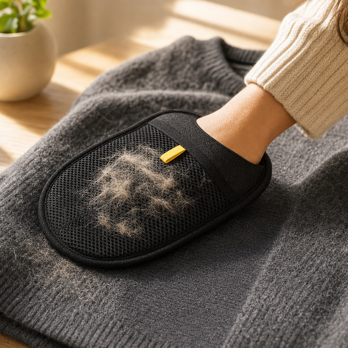 Hand wearing the Whisker & Wow grooming glove, lifting pet fur from a grey sweater