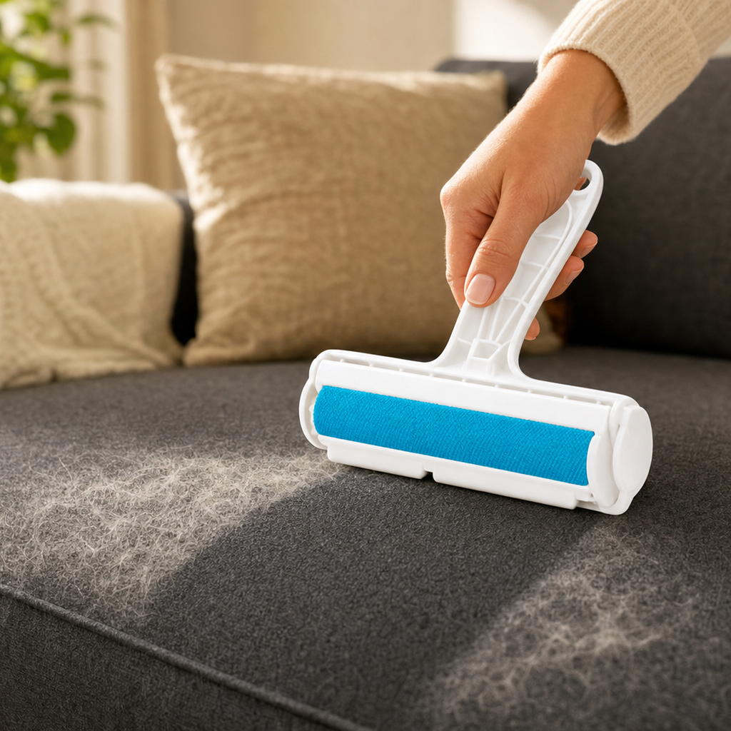 Hand rolling the Whisker & Wow roller across a grey sofa, lifting pet fur