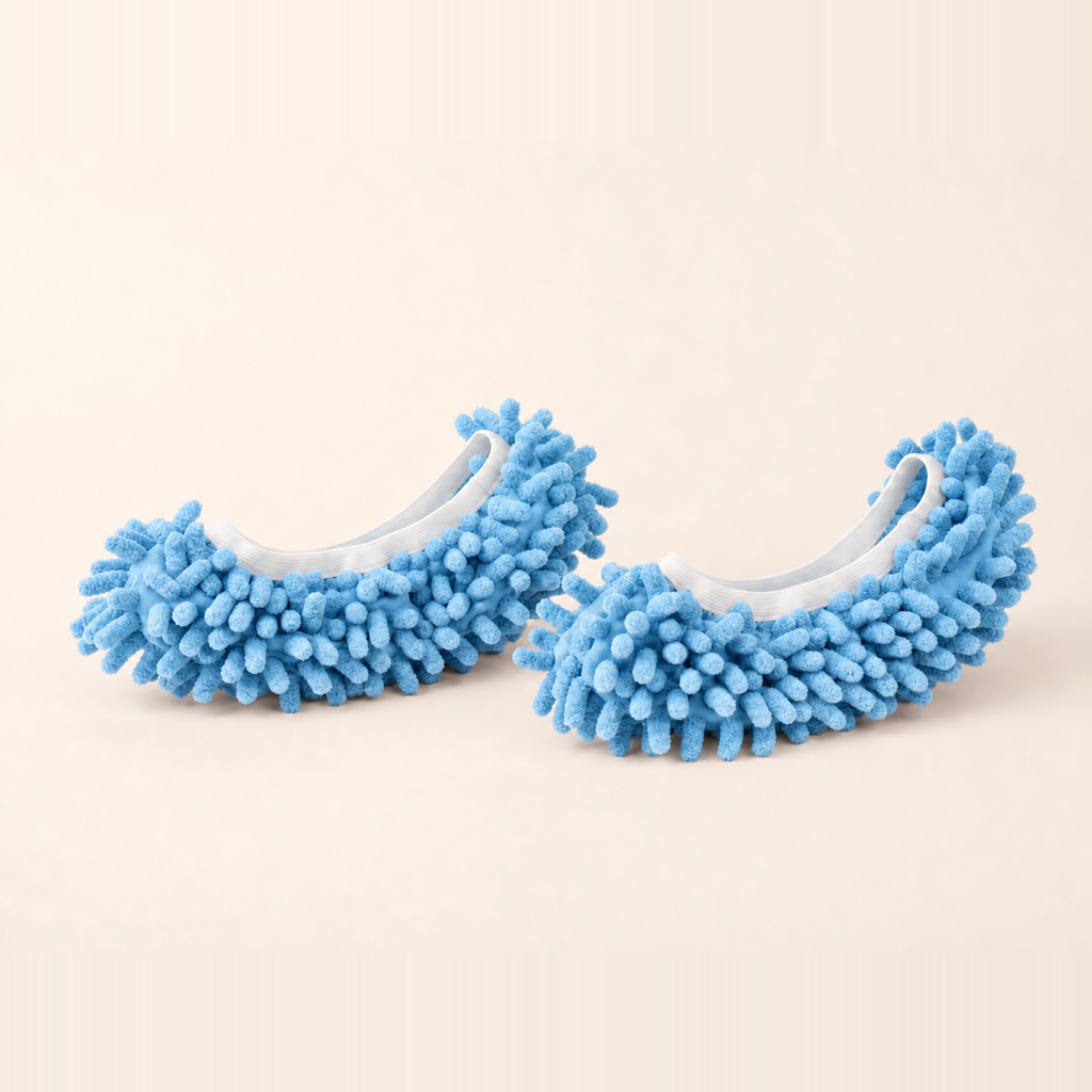 Whisker & Wow fur-catching slippers in blue on a cream background