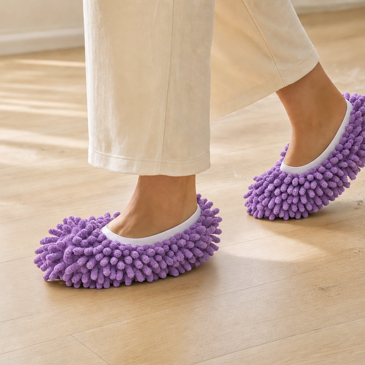 Wearing Whisker & Wow fur-catching slippers while walking across a hardwood floor